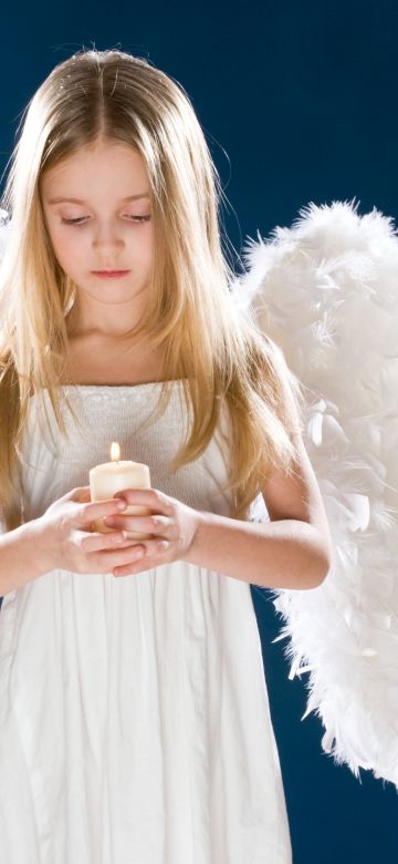 Angel wings, Sad girl, Fairy, Holding candle, Sad mood, Blue background, Pretty