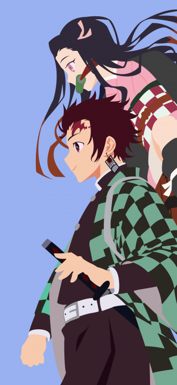 Demon Slayer: Kimetsu no Yaiba, Minimalist, Tanjiro Kamado, Nezuko Kamado, Blue background, 5K, Minimal art, Simple