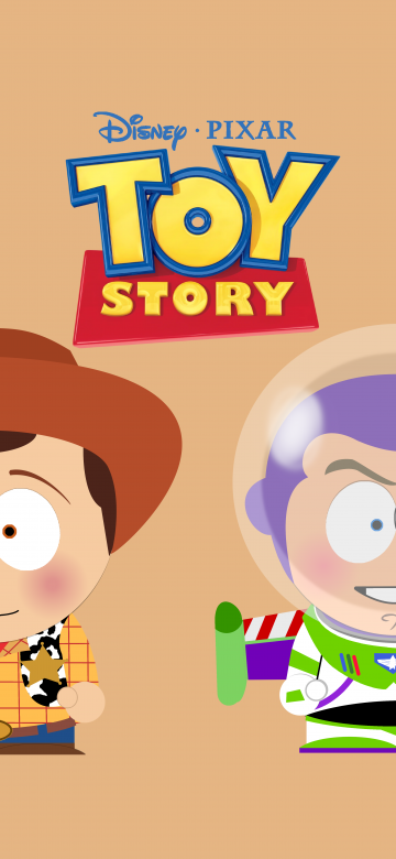 South Park style, Toy Story, Woody, Buzz Lightyear, Pastel background, 5K, 8K, 10K