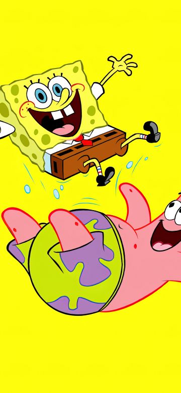 SpongeBob, Patrick Star, SpongeBob SquarePants, Yellow background, Cartoon, 5K