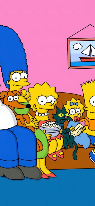 Simpson family, 5K, The Simpsons, Homer Simpson, Marge Simpson, Bart Simpson, Lisa Simpson, Maggie Simpson, Snowball cat, Santa's Little Helper, Pink background