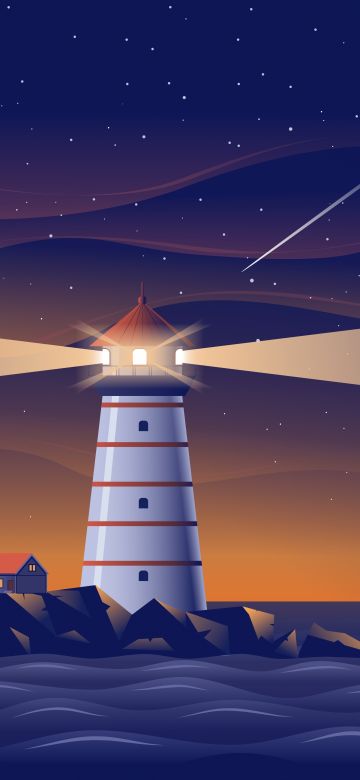 Lighthouse, Night, Ocean, Ship, Starry sky, Night sky, Moon, House, 5K, 8K, Illustration