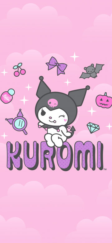 Kuromi, Cartoon, Hello Kitty, Pink background, Black jester hat, Pink skull, White rabbit, 5K, Girly backgrounds