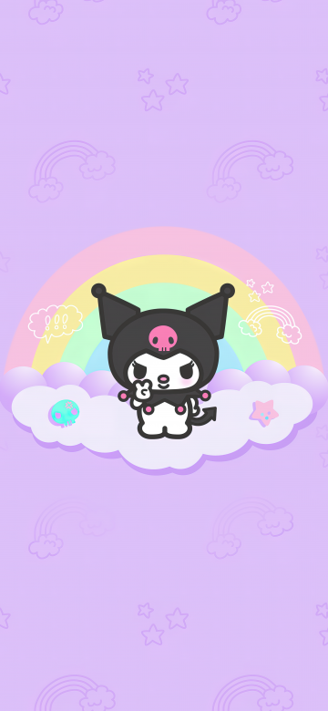 Kuromi, Hello Kitty, Black jester hat, Pink skull, White rabbit, Purple background, 5K, Cartoon, Girly backgrounds