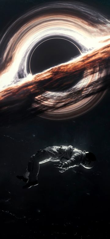 Gargantua black hole, Astronaut, Interstellar, Cosmos, Wormhole, 5K, Dark background