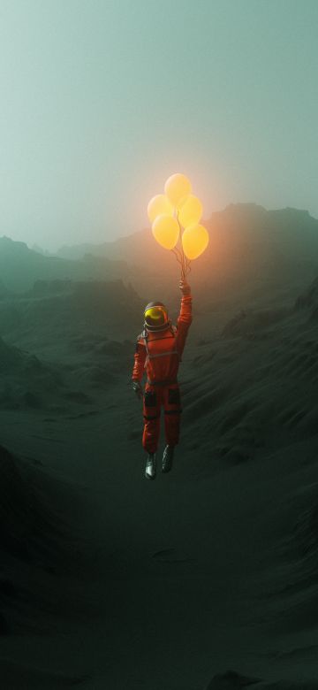 Space suit, Dream, Surreal, Balloons, Mountains