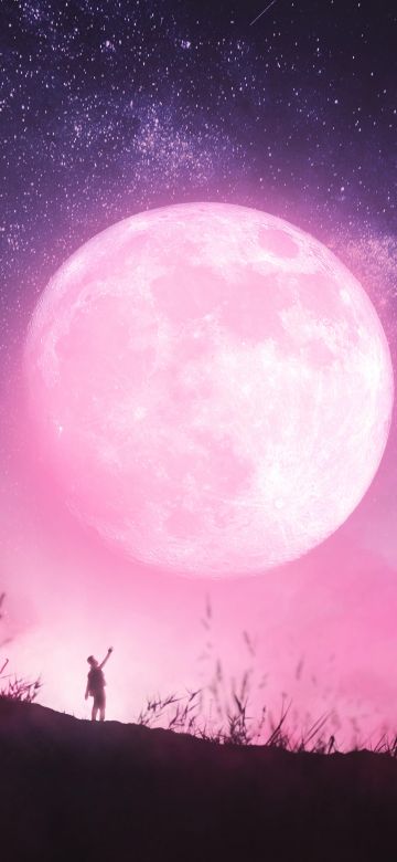 Moon, Dream, Surreal, Stars in sky, Pink background