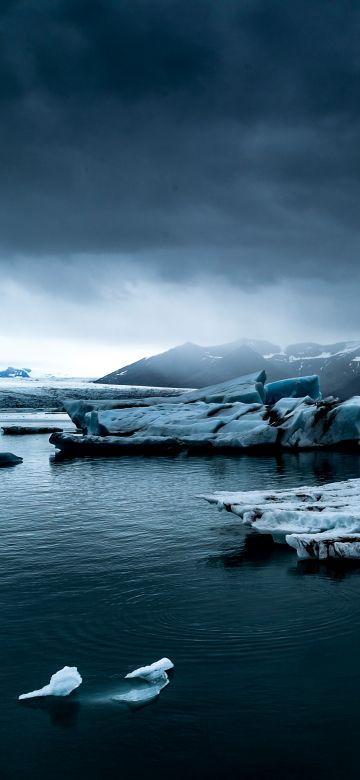 Glacial lake, Frozen lake, Winter, Cloudy Sky, Cold, Mountains, Iceland