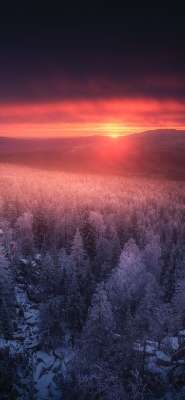 Ural Mountains, Sunset, Mountain range, Winter forest, 5K