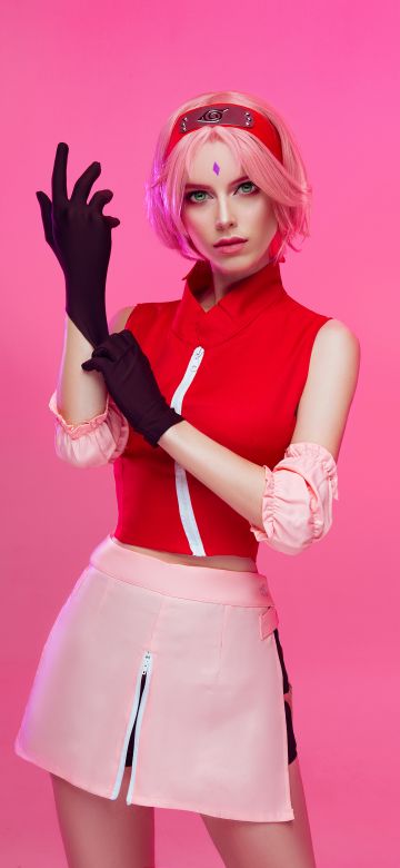 Sakura Haruno, Cosplay, Naruto Shippuden, Pink background