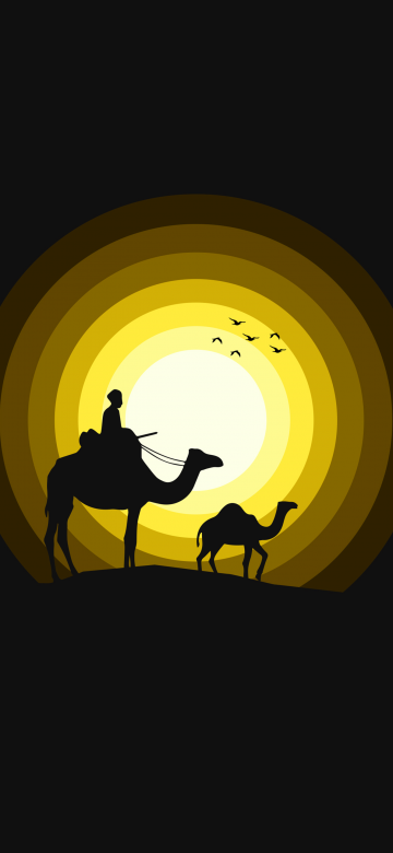 Camels, Sun, Silhouette, Yellow, Black background, Simple