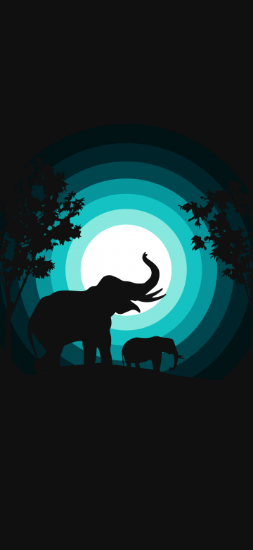 Elephant, Elephant cub, Silhouette, Night, Teal, Black background, Simple