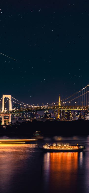 Rainbow Bridge, 5K, Tokyo, Cityscape, Night City, Reflections, Japan