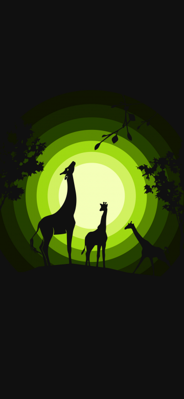 Giraffe, Giraffe cubs, Silhouette, Forest, Moon, Green, Black background, Simple