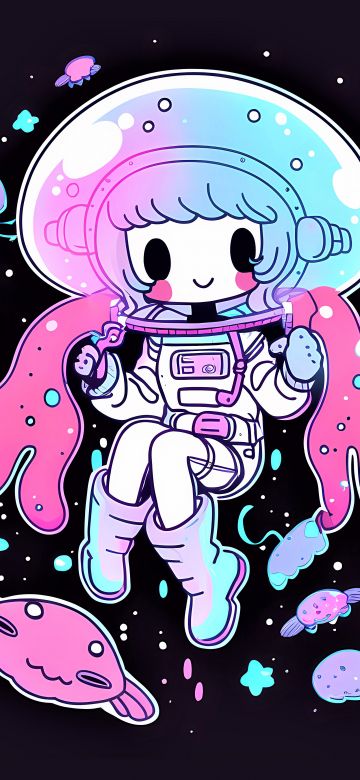 Cute astronaut, Kawaii girl, Surreal, Neon art, 5K, 8K, Girly backgrounds