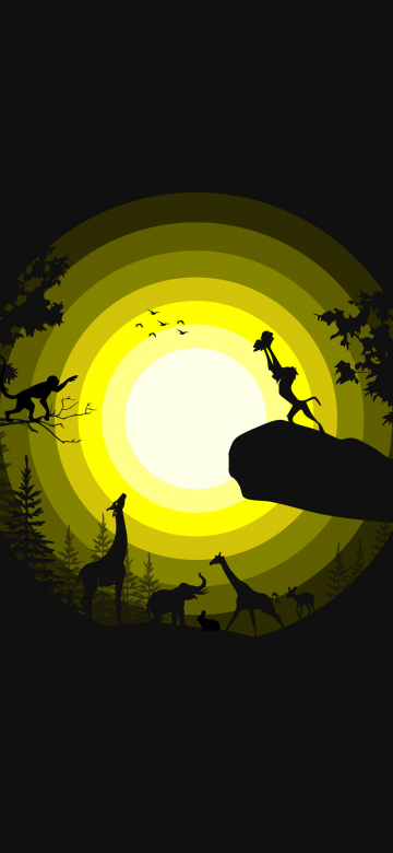 The Lion King, Rafiki, Simba, Forest, Pride Rock, Silhouette, Yellow, Black background, Simple