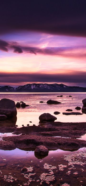 Lake Tahoe, Zephyr Cove, Sierra Nevada mountains, Twilight, Sunset, Landscape, United States, 5K