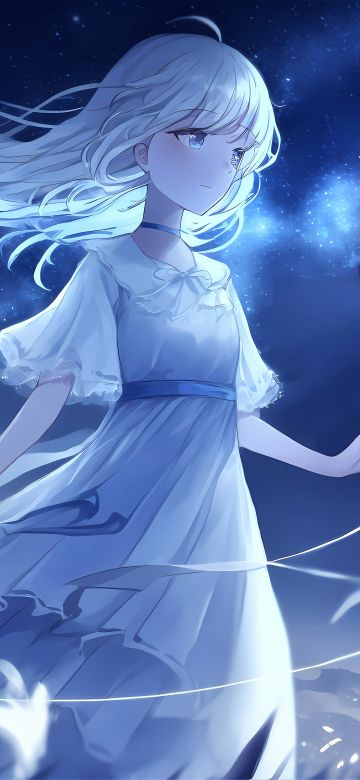 Anime girl, Night, Surreal, Blue background, Starry sky, 5K