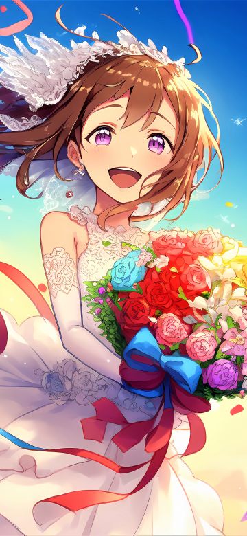 Bride anime, Cute anime, Anime girl, Happy girl, Colorful anime, Flower bouquet, Colorful flowers, 5K, Girly backgrounds