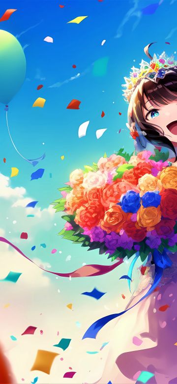 Bride anime, Happy girl, Cute anime, Anime girl, Colorful anime, Flower bouquet, Colorful flowers, 5K, Girly backgrounds, Colorful background