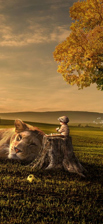 Play Time, Cute baby boy, Lion, Sunset, Landscape, 5K