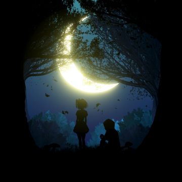 Girl, 5K, Boy, Couple, Silhouette, Night, Forest, Crescent Moon, Black background, Simple
