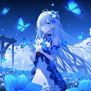 Anime girl, Beautiful, Butterflies, Blue background, 5K