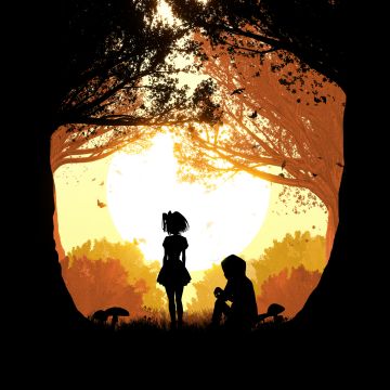 Girl, Boy, Couple, Silhouette, Sunset, Forest, 5K, Simple