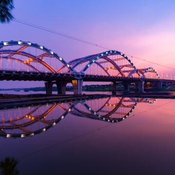 Dragon Bridge, Sunset, Dawn, Reflection, Arch bridge, Hàn River, Vietnam, 5K