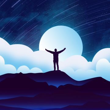 Man, Alone, Silhouette, Moon, Night, Clouds, Illustration, Starry sky, 5K