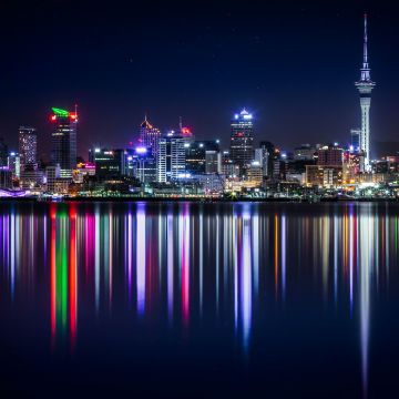 Auckland, Cityscape, Night, City lights, Reflection, Urban, New Zealand