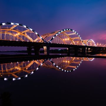 Dragon Bridge, City lights, Night, Reflection, Arch bridge, Hàn River, Vietnam, 5K