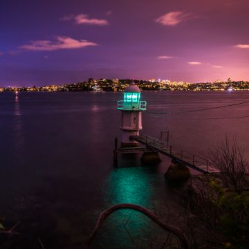 Sydney Harbour, Lighthouse, Australia, Dusk, City lights, Night City, 5K