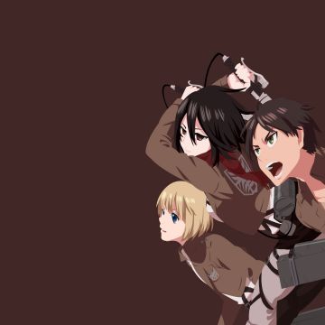 Attack on Titan, Armin Arlert, Eren Yeager, Mikasa Ackerman, Shingeki no Kyojin, Brown background