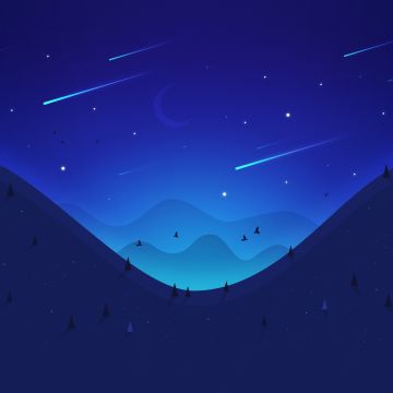 Landscape, Night, Moon, Falling stars, Mountains, Blue, Illustration, Aesthetic, Shooting stars