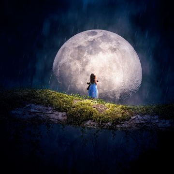 Moon, Cute Girl, Adorable, Surreal, Alone