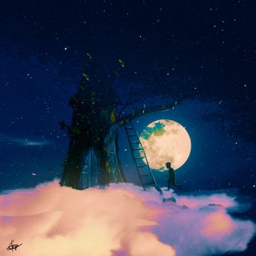 Tree house, Dream, Moon, Night, Surreal