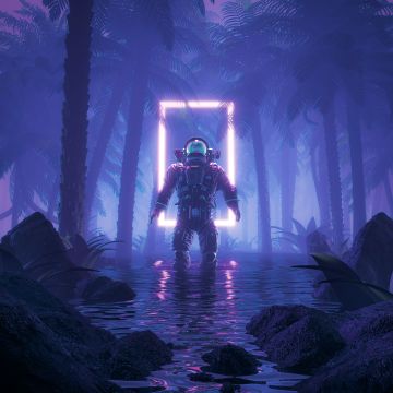 Cyberpunk, Astronaut, Neon background, Psychedelic, 5K, Forest, Blue background