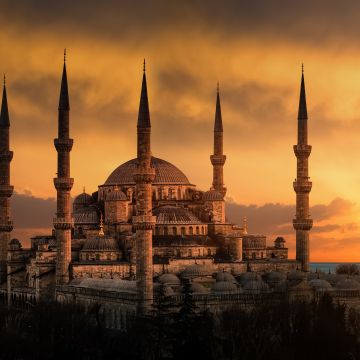 Blue Mosque, Sultan Ahmed Mosque, Istanbul, Turkey, Ancient architecture, 5K, 8K, Sunset, Islamic, Spiritual