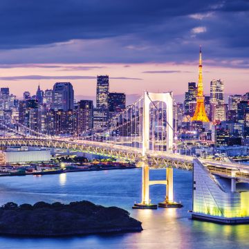 Rainbow Bridge, Illuminated, Tokyo, Japan, Twilight, Cityscape, City lights, 5K