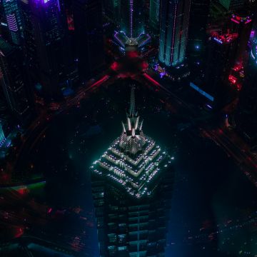 Skyscrapers, Shanghai, Cityscape, Skyline, Aerial view, Night, City lights
