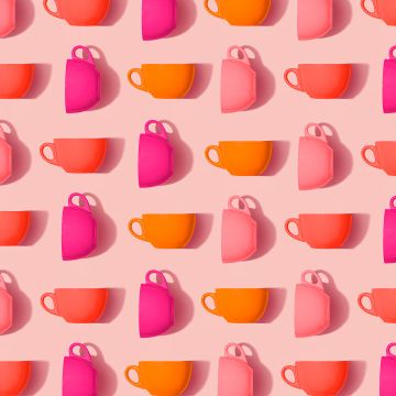 Tea cups, Pink cups, Orange cups, Rose background, Aesthetic, Pattern