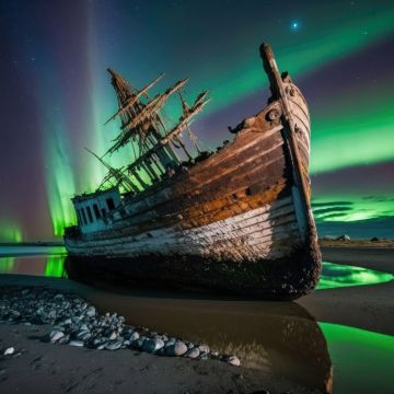 Abandoned, Ghost ship, Aurora, Shipwreck, Northern Lights, 5K, 8K