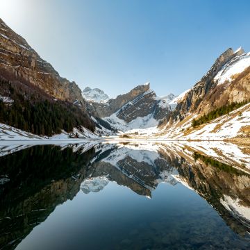 Seealpsee lake, Swiss Alps, Mountain range, Reflection, Daytime, Lake, Winter, Switzerland, 5K
