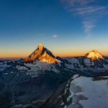 Matterhorn, Dent d'Hérens, Mountains, Sunrise, Morning, Snow covered, Mountain range, Switzerland, 5K