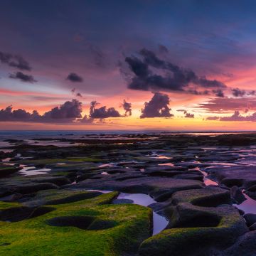 Rocky beach, Coastline, Sunset, Horizon, Dusk, Pukutatan, Indonesia, 5K