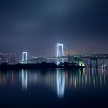 Rainbow Bridge, Tokyo, Japan, Night, City lights, Reflection, 5K, Suspension bridge
