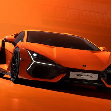 Lamborghini Revuelto, Hybrid sports car, Orange background, 5K, 8K, 2023