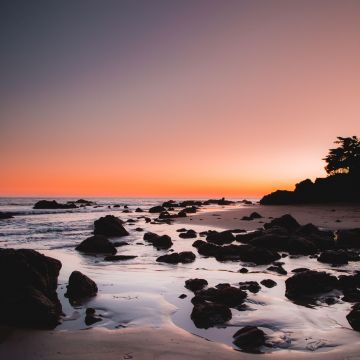 Rocky beach, Sunrise, Crescent Moon, Dawn