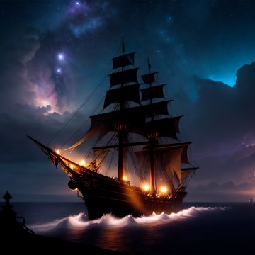 Ship, Night, Storm, Clouds, Milky Way, Starry sky, AI art